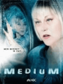a woman is looking at her reflection in a mirror in a medium movie poster .