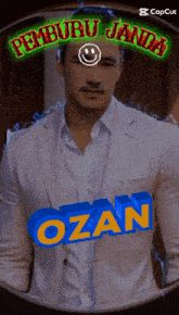 a man in a white suit has the name ozan written on his chest