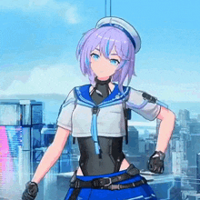 a girl with purple hair and blue eyes is wearing a sailor outfit and hat .
