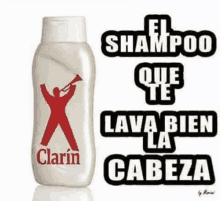 a bottle of clarin shampoo with a red x on it