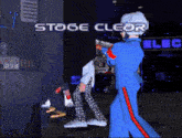 a video game screen shows a man standing in front of a sign that says elec