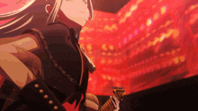 a girl with long white hair is playing a guitar in front of a red background
