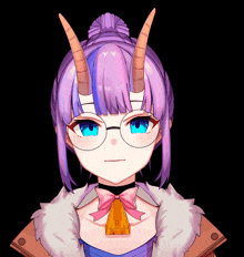 a girl with horns and glasses has the letter r on her necklace