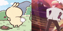 a cartoon of a rabbit standing next to a man in a suit
