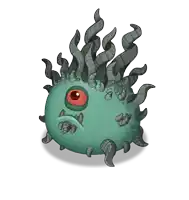 a cartoon drawing of a green monster with a large red eye