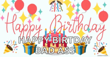 a happy birthday card with a cake and gifts