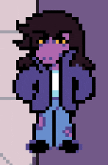 a pixel art of a person wearing a purple jacket