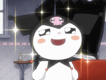a black and white cartoon character with a pink skull on his head
