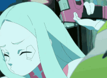a cartoon character with long white hair and a pink glove