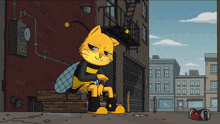 a cartoon cat dressed as a bee is sitting on a bench