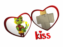 a picture of a cat and a box man with the word kiss in red