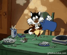 a cartoon cat is sitting at a messy desk holding a cup of coffee