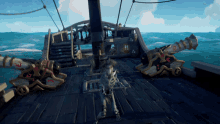 a skeleton is standing on the deck of a ship