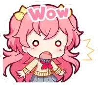 a cartoon girl with pink hair and the word wow written on her head