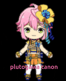 a pixel art of a girl with pink hair and a flower in her hair says plutogawa canon