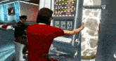 a man in a red shirt is playing a slot machine with a text drive of € 100