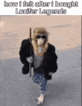 a monkey is walking down the street with a gun in his hand and a scarf around his head .