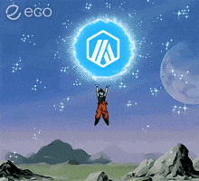 a cartoon character is flying through the air while holding a blue circle with the letter n on it