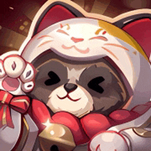 a cartoon raccoon wearing a cat costume with a bell around its neck .