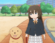 a girl with a cat ear is walking a dog on a leash in a park