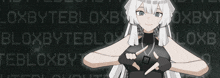 a girl with white hair is standing in front of a background that says bloxbytebloxby