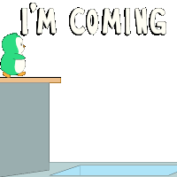 a cartoon of a penguin standing on a ledge with the words i 'm coming