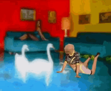 a painting of a woman laying on the floor next to a swan