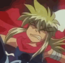 a close up of a cartoon character with long blonde hair and a red scarf around his neck .