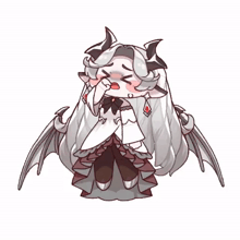 a cartoon drawing of a demon girl with long white hair and horns covering her mouth with her hand .