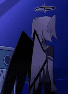 a cartoon drawing of a person with wings and a halo on their head