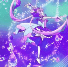 a girl in a pink and purple dress is dancing in a purple background with music notes