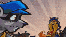 a cartoon of a raccoon and a fox standing next to each other