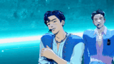 a cartoon drawing of two men in blue shirts
