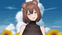 a girl with a teddy bear ear and a necklace