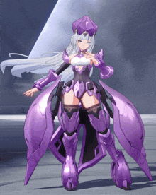 a purple anime character with white hair and a purple cape