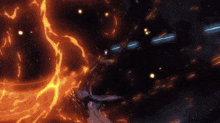 a space ship is flying through a black hole in space surrounded by fire and stars .