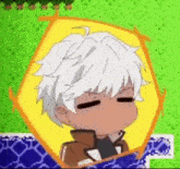 a close up of a cartoon character with white hair and a brown jacket .