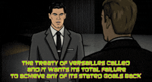 a man in a suit and tie talks to another man in a black suit