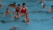a group of people are swimming in a pool and one of them is wearing a red tank top