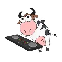a cartoon cow is standing next to a dj mixer