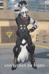 a video game character is dancing with a duck on his back and the words von lycaon de frann on the bottom .