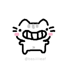 a black and white drawing of a cat with a big mouth and pink cheeks .