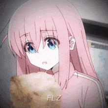 a girl with pink hair and blue eyes is holding a piece of bread and the word flz is on the bottom