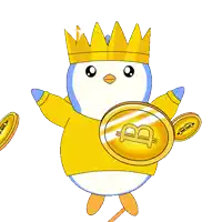 a cartoon penguin wearing a crown and holding a gold coin with the letter b on it