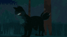 a cartoon drawing of a black cat standing in the dark