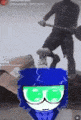 a cartoon character wearing a blue hat and green glasses is standing in front of a man holding a stick .