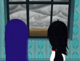 a cartoon character looking out a window with a purple object behind her