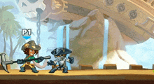 a cartoon character holding a hammer and another character holding a sword in a game with p1 written on the bottom