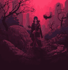 a pixel art illustration of a man holding a sword