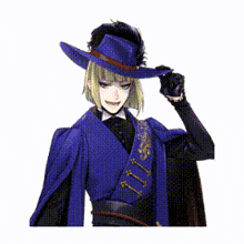 a man wearing a purple hat and a purple cape